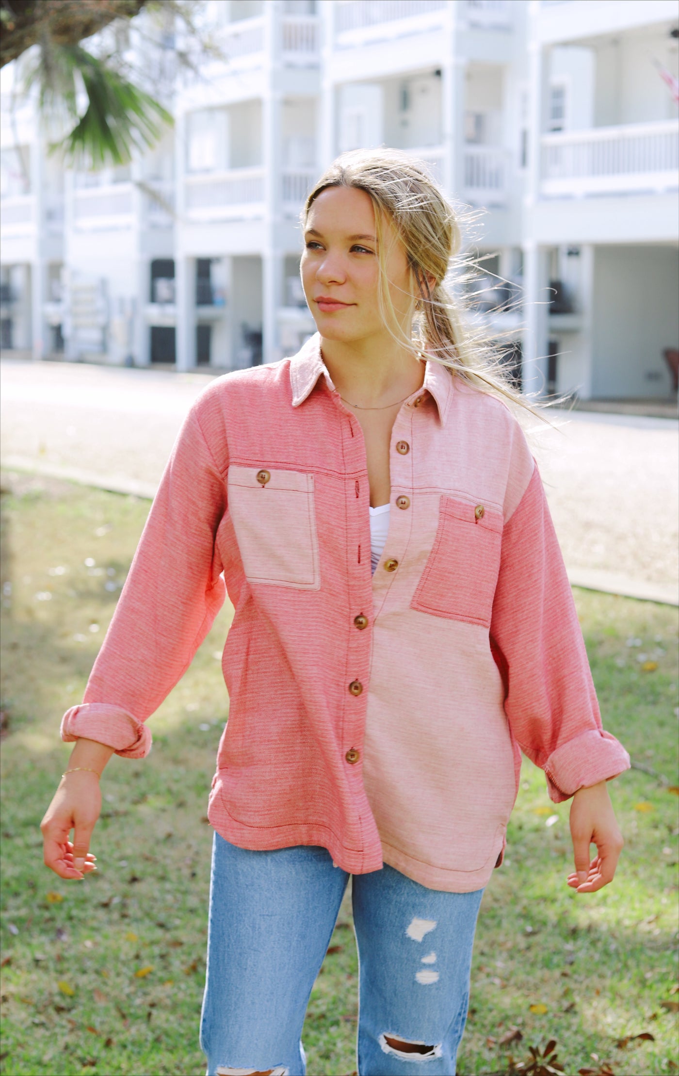 Pink Color block button down shacket